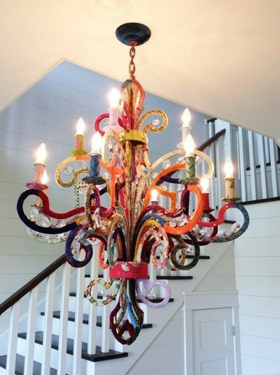 Painted Lampshade Diy, Painted Lampshade, Lampshade Diy, Chandelier Makeover, Colorful Chandelier, Fabric Chandelier, Diy Bohemian, Candelabra Chandeliers, Diy Chandelier