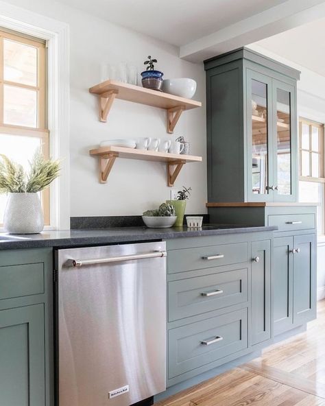 Searching for the perfect cabinet color for my laundry room and I think I may have found it! This kitchen is Retreat by Sherwin Williams… Cabinet Color Ideas, Large Cabinets, Kitchen Cabinet Color, Modern Grey Kitchen, Kitchen Cabinet Color Ideas, Grey Kitchen Designs, Kitchen Design Modern, Green Kitchen Cabinets, Shaker Style Kitchens