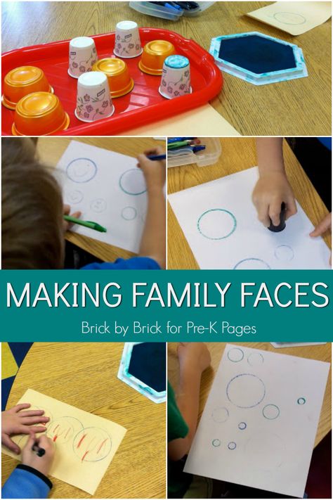 Family Faces from Stamped Circles Preschool Family Theme Lesson Plans, Family Pre K Crafts, Preschool Family Art Activities, Creative Curriculum Family Study, Learning About Family Preschool, Family Art Preschool, Family Crafts Preschool Art Projects, Family Art For Toddlers, Preschool Family Theme Activities