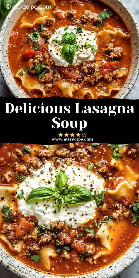 This flavorful lasagna soup cooks low and slow, giving you a bowl full of cheesy, beefy comfort. Ricotta and Parmesan bring a creamy richness that will have everyone asking for seconds! The Original Lasagna Soup Recipe, Lasagna In A Bowl Recipe, Homemade Lasagna Soup, Lasagne Soup Recipe Easy, Lasagna Soup In Crockpot, Lasagna Soup Dutch Oven, Simple Lasagna Soup, Lasagna Soup Crockpot Easy, Lasagne Soup Recipe Crock Pot