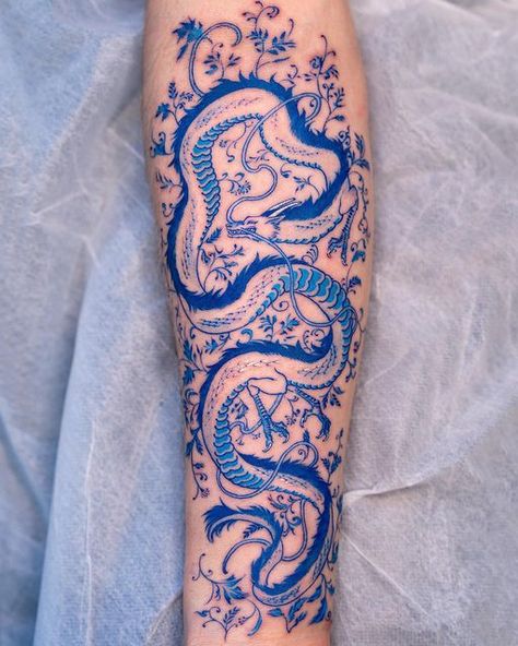 Oozy Tattoo, All Blue Tattoo, Blue China Tattoo, Porcelain Dragon Tattoo, Thai Dragon Tattoo, Blue Tattoo On Brown Skin, Haku Leg Tattoo, Blue Tattoos For Women, Haku Dragon Tattoo