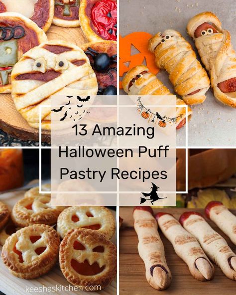 Puff Pastry Mummies, Pastry Halloween Ideas, Fall Puff Pastry Appetizers, Puff Pastry Halloween Treats, Puff Pastry Recipes Halloween, Puff Pastry Halloween Recipes, Halloween Pastry Ideas, Fall Puff Pastry Recipes, Halloween Puff Pastry Ideas