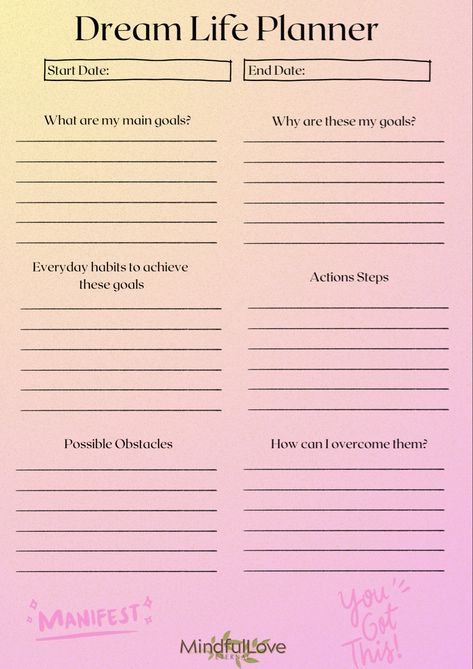 We want to create our dream life and get lost in which steps to take first to get there. Organizing your goals and thoughts can help manifest and start creating ideas on how to get there. Download or print out template to get a step closer to your dream life. Sending love <3 #SelfCare I #SelfLove | #Wellness | #DreamLife #Goals | #Trackergoals | #templates | <3 Goals To Accomplish, Free Vision Board Template, Free Vision Board, Vision Board Template, Accomplishing Goals, Money Saving Methods, Sending Love, Goal Quotes, Journal Quotes