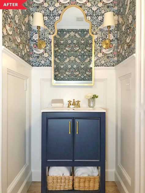 Aug 6, 2020 - A small half bathroom got a beautiful makeover thanks to some William Morris wallpaper. Half Bath Wallpaper, Small Half Bathroom, Small Half Bath, Wallpaper Powder Room, Small Bathroom Wallpaper, Half Bath Remodel, Powder Room Remodel, William Morris Wallpaper, Powder Room Wallpaper