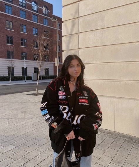 Street Racer Aesthetic, Racer Jacket Outfit Women, Racer Aesthetic, Racer Jacket Outfit, Aesthetic Jacket, Racer Jackets, Street Racer, Lesbian Outfits, Jacket Outfit Women