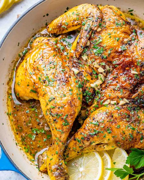 Garlic Whole Chicken, Parmesan Roasted Green Beans, Sweet Potato Gratin, Herb Roasted Potatoes, Whole Chicken Recipes, Lemon Pepper Seasoning, Roasted Green Beans, Lemon Pepper Chicken, Clean Food Crush