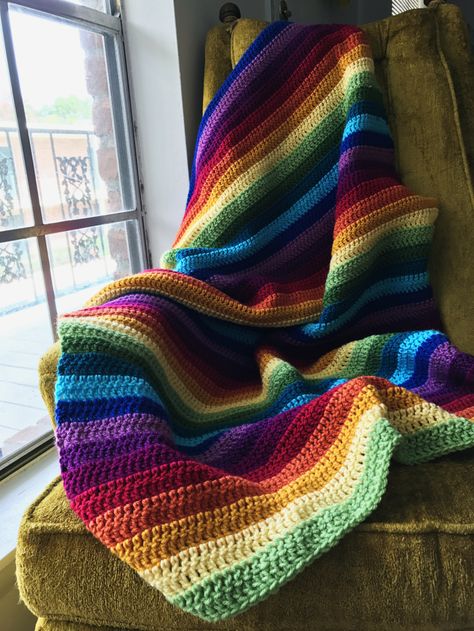 Cute Crochet Blanket Stitches, Knit Rainbow Blanket, Muted Rainbow Crochet Blanket, Crocheted Rainbow Blanket, Rainbow Throw Blanket, Pride Blanket Knit, Rainbow Blanket Knitting Pattern, Primary Color Crochet Blanket, Crochet Blanket With Scrap Yarn