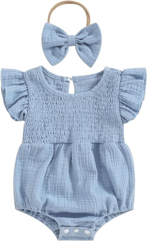 Amazon.com: Honganda Newborn Infant Baby Girl Clothes Set Ruffle Flying Sleeve Solid Smocked Bubble Romper with Bow Headband (Blue, 0-3 Months): Clothing, Shoes & Jewelry Cute Summer Clothes, Newborn Baby Girl Clothes, Infant Baby Girl, Linen Romper, Newborn Baby Girl