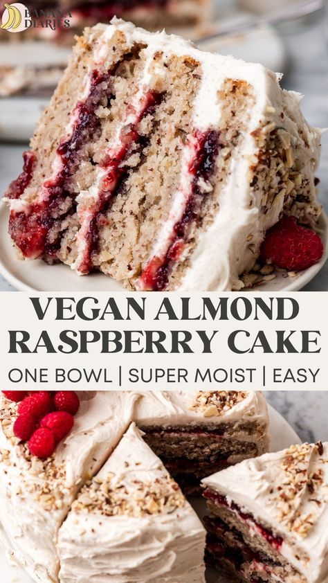 Vegan Almond Cake, Almond Raspberry Cake, Banana Diaries, Patisserie Vegan, Vegan Cream Cheese Frosting, Vegan Baking Recipes, Plant Based Desserts, Vegan Cream, Raspberry Almond