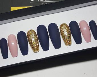 Navy Blue And Tan Nails, Navy Blue And Rose Gold Nails, Blue And Rose Gold Nails, Navy And Rose Gold Nails, Tini Bachelorette, Navy Blue And Pink Nails, Navy Gold Nails, Pink And Navy Nails, Navy Blue Nails With Gold