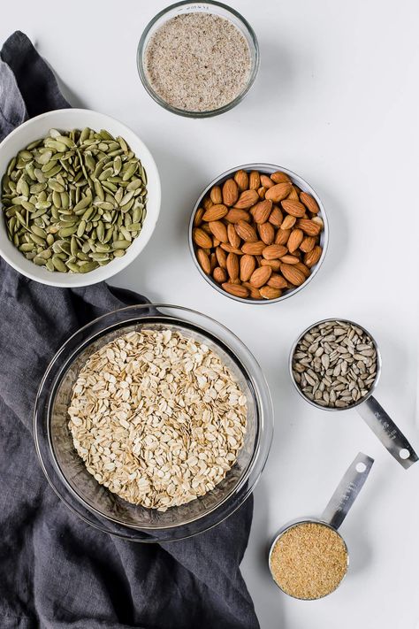 Nut And Seed Bread, Ingredients Photography, Oat Milk Recipe, Psyllium Husk, Seed Bread, Food Photography Inspiration, Food Drink Photography, Nuts And Seeds, Types Of Bread