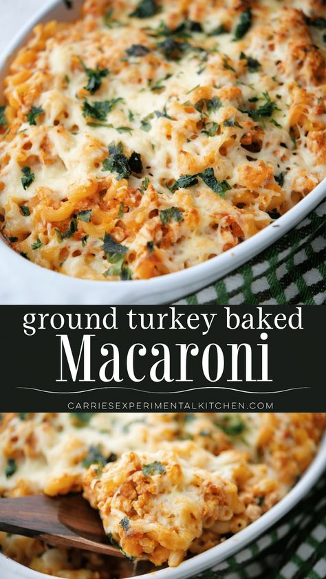 Macaroni combined with extra lean ground turkey, ricotta and mozzarella cheeses, spices and your favorite marinara sauce; then baked until golden brown. Mac And Cheese With Ground Turkey, Ground Turkey Spaghetti Recipes, Ground Turkey Macaroni, Italian Ground Turkey Recipes, Ground Turkey Pasta Bake, Ground Turkey Pasta Recipes, Ground Turkey Pasta, Pork Sausage Recipes, Quick Family Dinners