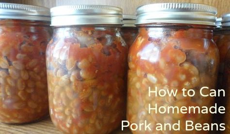 Homemade pork and beans. Inexpensive (pennies per jar!), easy, and can be stored in your pantry for a year or more. Homemade Pork And Beans, Canning Pork, Canning Meals, Canning Beans, Pork And Beans, Canned Baked Beans, Food Preserving, Preserving Foods, Home Canning Recipes