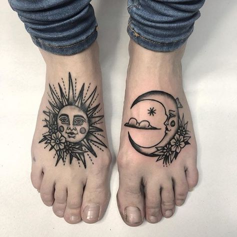 Did this moon on Túlia’s instep🌙 The sun is healed from a month ago ☝️ Moltes gràcies, bonica! 🧡 * * #traditionaltattoo #blackworkers… Sun And Moon Tattoos, Moon Tattoos, Foot Tattoos For Women, Sun Tattoos, 1 Tattoo, Sun Tattoo, Female Tattoo, Foot Tattoo, Black Ink Tattoos