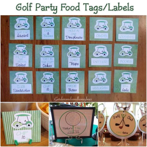 Golf Party Food Tags/Labels We used these at our golf party on Father’s Day. I hope you find them helpful and a fun addition to your next golf party. See the link below to make the banners, flags and other golf signs. Supplies needed: *12 x 12 Green Scrap Book Paper, or paper of your … Golf Party Appetizers, Golf Food Puns, Golf Party Food Labels, Golf Party Food Ideas, Golf Themed Food, Golf Signs, Golf Party Foods, Party Food Signs, Golf Theme Party