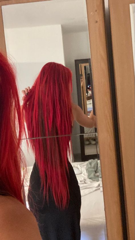 Dyed Long Hair Ideas, Bright Red Hair Outfit Ideas, All Red Hair Dyed, Red Hair Outfits Aesthetic, Long Red Hair Aesthetic, Bright Red Hair Aesthetic, Long Bright Red Hair, Long Dyed Hair, Long Dark Red Hair