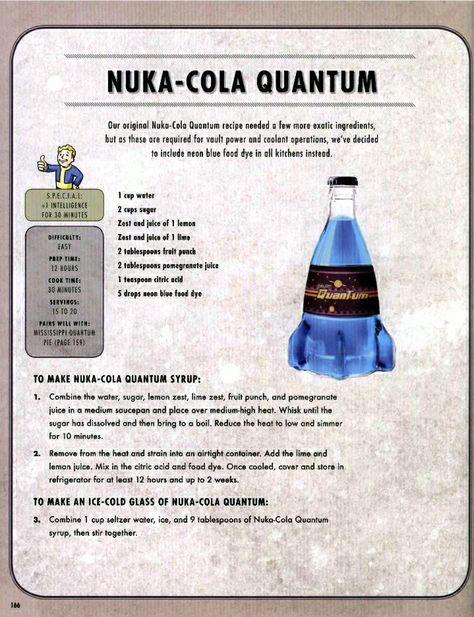 Fallout Food Recipe, Fallout Cookbook Recipes, Nuka Cola Quantum Recipe, Fallout 4 Recipes, Fallout Recipes, Fallout Drink Recipes, Fallout Food Ideas, Fallout Food, Fallout Crafts