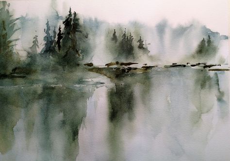 Misty Lake Abstract Watercolor Paintings Tutorials, Watercolor Landscape Tutorial, Misty Lake, Loose Watercolor Paintings, Abstract Watercolor Landscape, Landscape Watercolor, Loose Watercolor, Watercolor Painting Techniques, Tableau Art