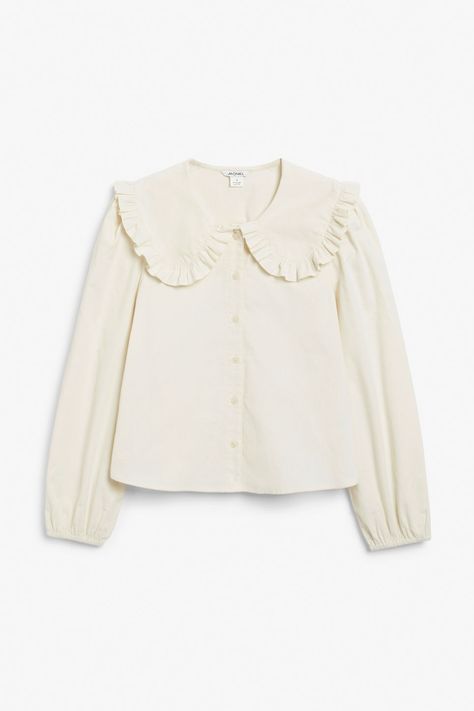 Off-white corduroy statement collar shirt - Off-white - Monki GB Frilly Shirt, University Outfit, Statement Collar, White Collared Shirt, Corduroy Shirt, Different World, A Different World, Blouse Models, Tie Front Blouse