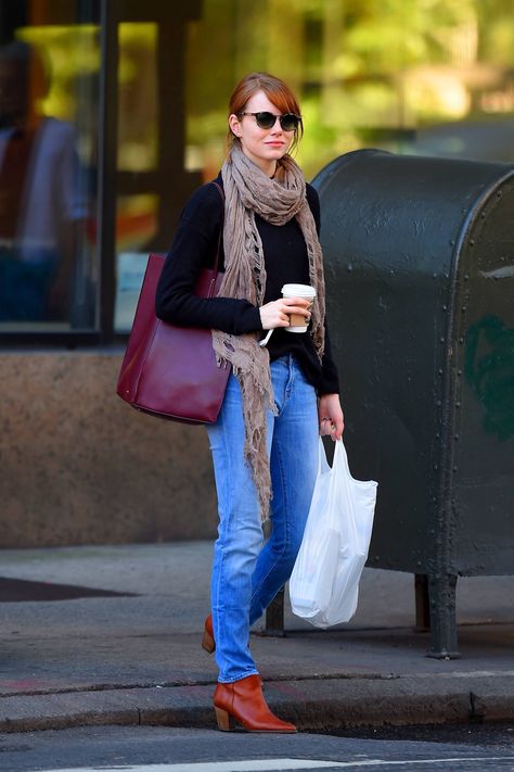 Emma Stone goes on a coffee run in New York City on Sept. 17, 2014.  Getty Images -Cosmopolitan.com Emma Stone Street Style, Emma Stone Style, Celebrity Street Style, Nyc Fashion, Emma Stone, Style Crush, Wearing Red, Street Style Looks, Outfits Casual