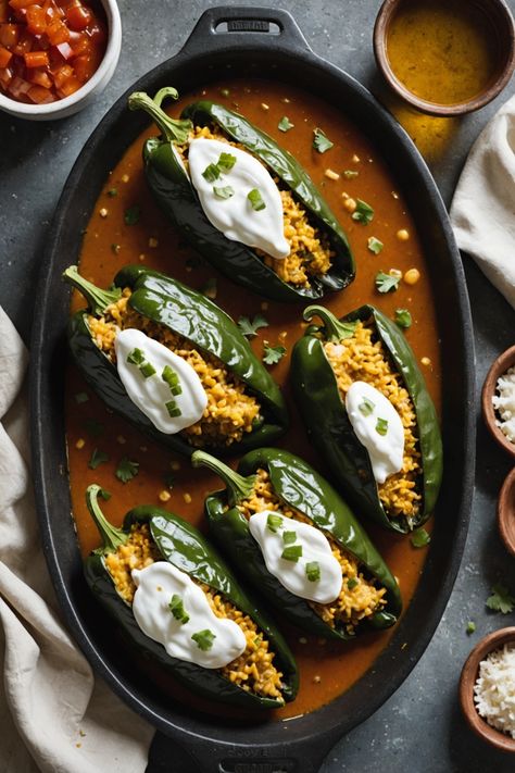 A photo of a  Chiles Rellenos which is a type of mexican sides dishes Mexican Veggie Sides, Mexican Christmas Dishes, Latin Thanksgiving Dishes, Mexican Thanksgiving Side Dishes, Sides For A Party, Mexican Bbq Ideas, Mexican Food Aesthics, Mexican Thanksgiving Dinner, Gourmet Mexican Food