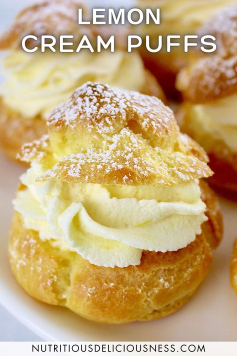 These light and fluffy Lemon Cream Puffs are made with homemade pâte à choux and filled with sweet, velvety lemon cream. They're a delicious and elegant dessert, perfect for the holidays or special occasions. Lemon Cream Puffs, Cream Puffs Recipe Easy, Homemade Cream Puffs, Puff Dessert, Nutritious Desserts, Cream Puff Recipe, Puff Pastry Desserts, Lemon Dessert Recipes, Unique Desserts