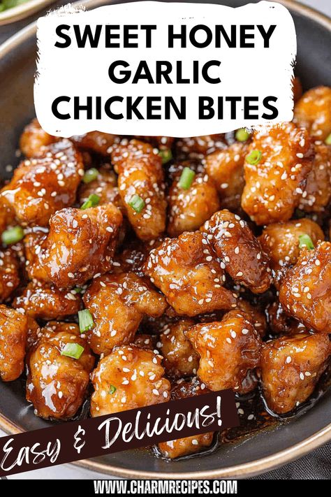 Try these irresistible Honey Garlic Chicken Bites that are perfect for any occasion. With tender chicken coated in a sticky and savory honey garlic sauce, these bites are an ideal appetizer or main course. Fast and easy to prepare, this dish is perfect for weeknight dinners or last-minute gatherings. Cooked until caramelized and tantalizing, these delightful morsels will impress family and friends alike. Discover the joy of whipping up this quick recipe and expand your cooking repertoire with this delectable honey garlic treat. Honey Garlic Chicken Fried, Quick Honey Garlic Chicken, Homemade Honey Garlic Chicken, Chicken Kabob Appetizer, Sesame Chicken Bites, Asian Chicken Bites Recipe, Meal Prep Air Fryer Chicken, Crispy Honey Garlic Chicken Air Fryer, Honey Garlic Chicken Air Fryer Recipes