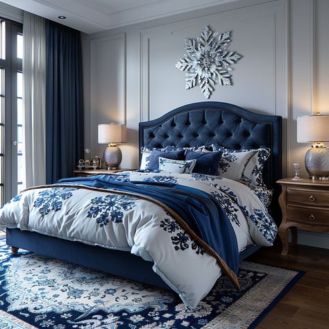 Christmas bedroom decor, Christmas home decor, Christmas decorations bedroom, cozy christmas bedroom, bedroom ideas Blue Christmas Bedding, Bedroom Decor Ideas Green, Blue Christmas Bedroom, Christmas Guest Bedroom, Navy Blue Rooms, Peacock Bedroom, Bedroom Accents, Christmas Bedroom Decor Ideas, Tree Bedroom