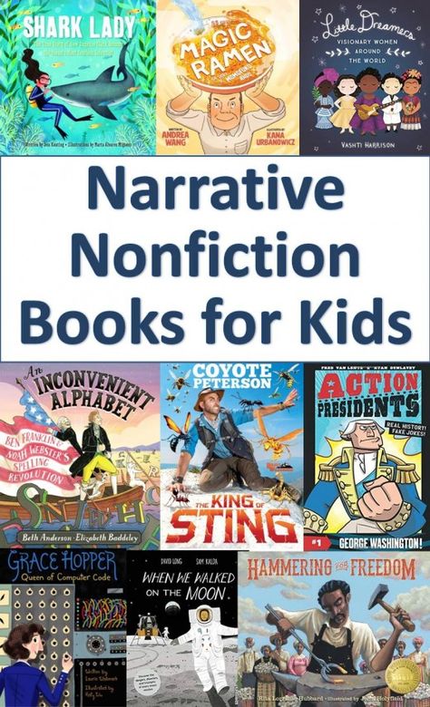 Narrative nonfiction books for kids - convey factual information in a story format -- good for common core, a resource list for teacher and librarians  grades: kindergarten, first, second, third, fourth, fifth, sixth,  booklists, bibliography, children, children's books, sharks, ramen, women, presidents, insects, spelling, computers, space travel Story Format, Fiction Books For Kids, Nonfiction Books For Kids, Narrative Nonfiction, Literary Nonfiction, Book Blogs, Nonfiction Texts, Mentor Texts, Non Fiction Books