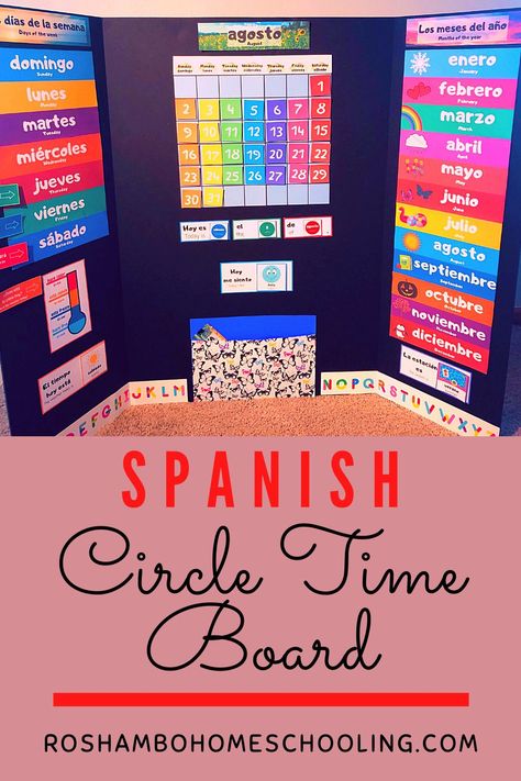 Printable Spanish and English homeschool calendar, days of the week, months of the year, emotions, weather, and temperature. Homeschool organization. Homeschool classroom. Homeschool set up. Teach Spanish. Back to school. Circle Time Board, Homeschooling Elementary, Organization Homeschool, Spanish Learning Activities, Homeschool Calendar, Spanish For Beginners, Preschool Spanish, Spanish Classroom Activities, Kids Routine