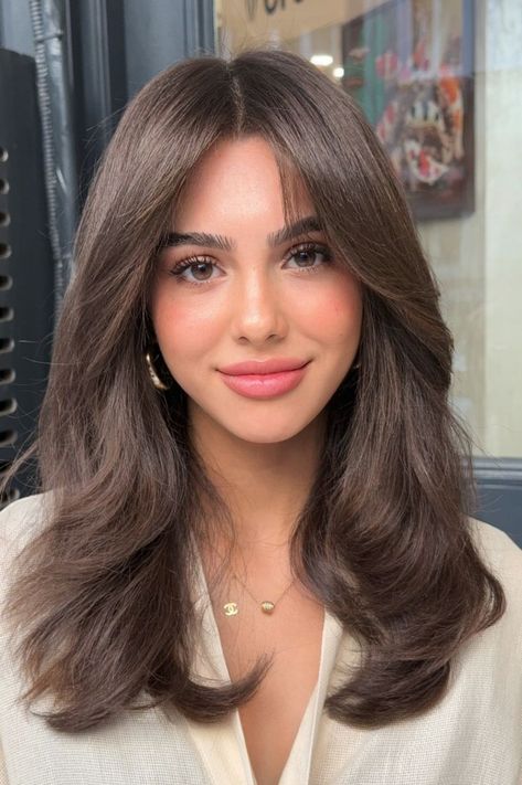 Cute Long Bob Hairstyles, Fall Hairstyles Straight Hair, Mid Length Soft Layers, Soft Waves Medium Hair, Haircuts With No Bangs, Medium Contrast Hair, Hair Colour For Cool Skin Tone, Hair Color For Tan Skin Hair Color For Tan Skin Asian, Mid Length Hair Blowout