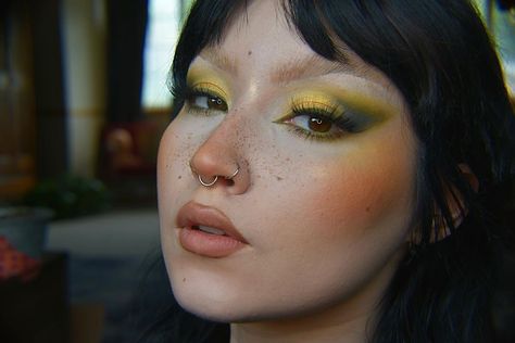 Green And Orange Makeup Looks, Green Blush Makeup, Yellow Blush Makeup, Green And Yellow Makeup, Chartreuse Makeup, Chartreuse Eye Makeup, Woodland Fairy Makeup, Green Yellow Eyeshadow, Yellow Goth Makeup