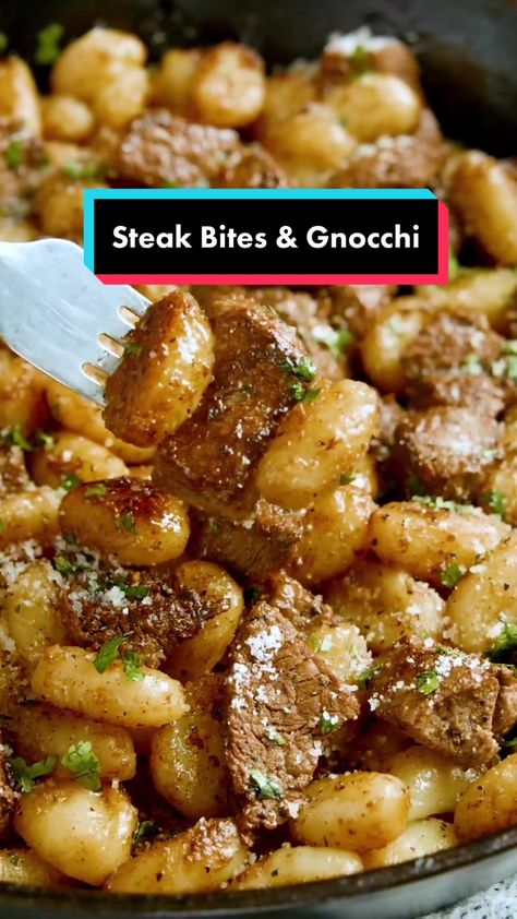 Steak With Gnocchi, Dinner Recipes With Steak Bites, Steak Bites With Gnocchi, Steak And Gnocci, Gnocchi And Steak Recipe, Steak And Gnocchi Easy Dinners, Gnocchi And Steak Bites, Gnocchi Recipes Steak, Gnocchi Steak Bites