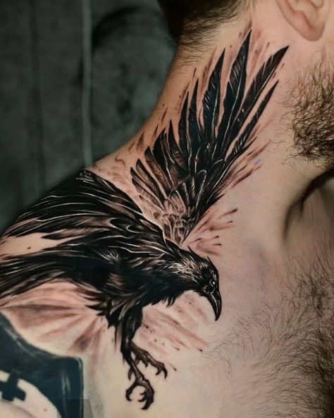 Blatt Tattoos, Botanical Tattoo Design, Rabe Tattoo, Nape Tattoo, Crow Tattoo Design, Side Neck Tattoo, Black Bird Tattoo, Throat Tattoo, Back Piece Tattoo