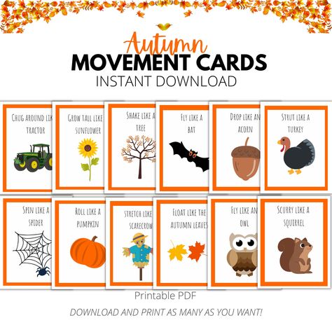 Get your kids moving this Autumn with a set of movement cards. These movement flashcards are perfect for toddlers or preschool and kindergarten students. This listing includes 2 downloads: one for flashcards and one to make two movement dice from tissue boxes. Add this game into your fall activities collection today!  ☀Description ☀ Printable Fall themed action cards Perfect activity for toddlers, preschool, pre-k, and kindergarten kids ☀What's included in your order?☀ 1 PDF with 2 pages for a t Movement Dice, Movement Cards, Printable Easter Activities, Fall Lesson Plans, Fall Preschool Activities, Fall Lessons, Action Cards, Gross Motor Activities, Kids Moves