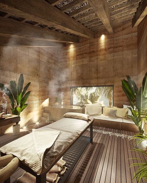 Mediterranean Spa Design, Recovery Spa Design, Natural Spa Interior Design, Tropical Spa Aesthetic, Tropical Spa Design, Indoor Spa Room Ideas, Spa Place Design, Wabi Sabi Spa Design, Dream Spa Room