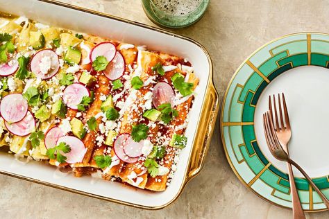 Christmas-Style Enchiladas Christmas Enchiladas, Flour Tortilla Enchiladas, Best Casserole, Hispanic Recipes, Southern Living Recipes, Southern Living Christmas, Breakfast Party Foods, Holiday Sides, Recipes Mexican