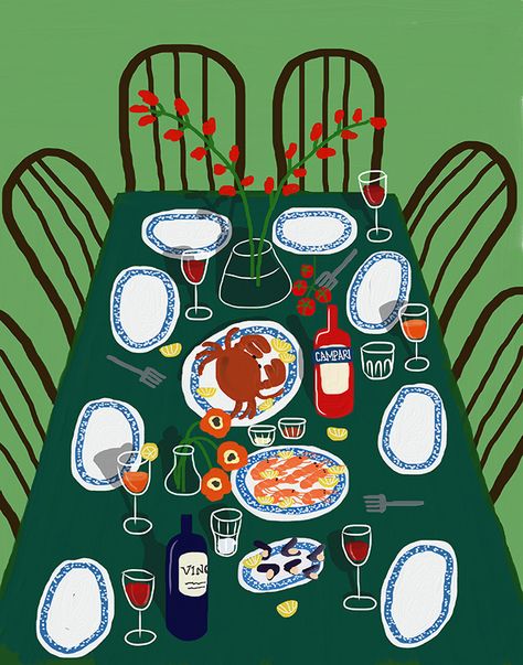 seafood, crab, shrimps, oyster, table, painting, poster, print Dinner Table Watercolor, Dinner Illustration Table, Table Setting Illustration, Christmas Table Illustration, Dinner Party Poster, Dinner Party Drawing, Oysters Illustration, Tablescape Illustration, Dinner Table Painting