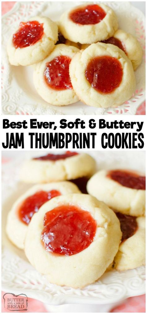 Easy recipe for Soft Jam Thumbprint Cookies perfect for the holidays! - Easy Food Delicious Cookie Jam, Desserts Nutella, Jam Thumbprint Cookies, Smores Dessert, Cookie Recipes Unique, Recipe Baking, Cake Mix Cookie Recipes, Easy Cheesecake Recipes, Butter Cookies Recipe