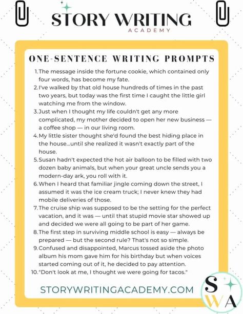 50 creative one-sentence writing prompts to begin students’ creative writing works. Students could be tasked with either using this as their sole inspiration, or being given another story for inspiration in which they must find a way to work-in their prompt. Writing Prompts Questions, Writing Prompts Beginning, Beginning Story Starters, How To Write A Sentence, Finish The Story Writing Prompts, Writing Inspiration Prompts Story Starters, Autobiography Outline, Story Starters Prompts, Sentence Starters Prompts