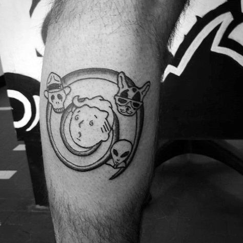 Leg Calf Spiral Fallout Tattoos Guys Mashup Tattoo, Fallout 4 Tattoos, Fallout Tattoo, Vegas Tattoo, Gamer Tattoos, Nuclear Winter, Geek Tattoo, 4 Tattoo, Fallout Art