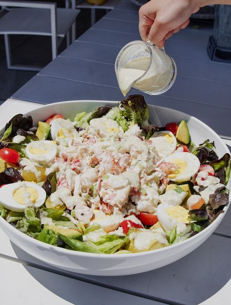 Duryea's Lobster Cobb Salad Recipe (Pescetarian version) Crab Cobb Salad, Cold Lobster Salad, Salad With Seafood, Lobster Salad Recipes, Salmon Cobb Salad Recipe, Pappadeaux Seafood Cobb Salad, Lobster Cobb Salad, Salmon Cobb Salad, Pappadeaux Seafood