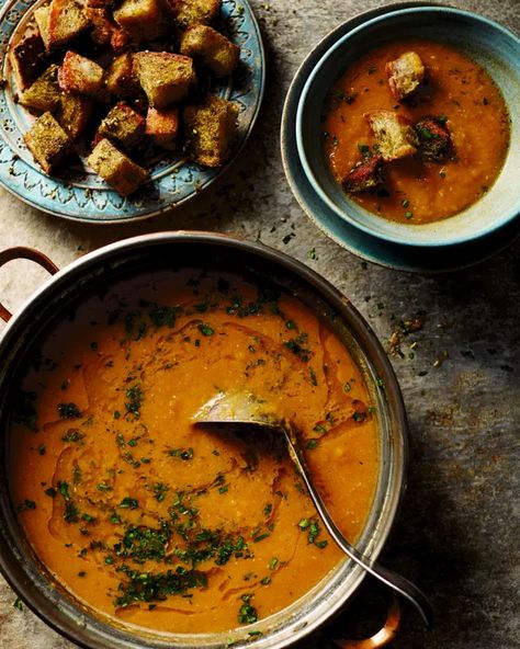 20 best easy autumn recipes: part 1 | Food | The Guardian Lentil Squash, Soup And Bread, Squash Soup Recipe, Easy Autumn Recipes, Za Atar, Vegan Soups, Roasted Meat, Squash Soup, Red Lentil