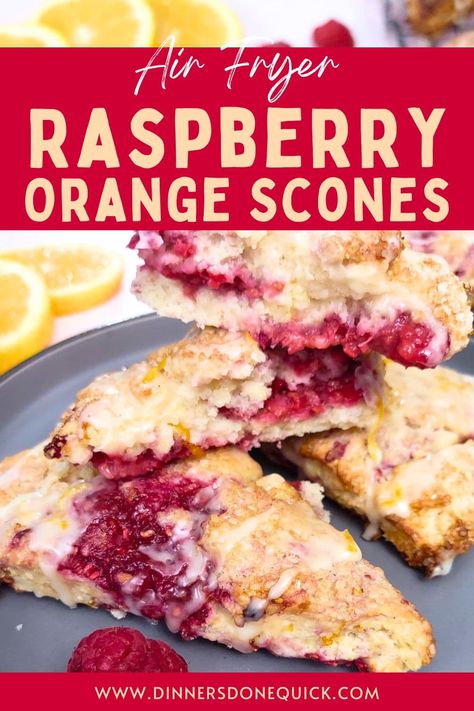 These delicious raspberry orange scones are a cinch to whip up and bursting with flavor. Fresh raspberries and orange zest make them fruity and bright. You can have a batch of these easy scones straight from the air fryer in just 30 minutes! #DinnersDoneQuick #RaspberryOrangeScones #RaspberryOrangeSconesRecipe #Scones #SconesRecipe #SconesRecipeEasy #HowtoMakeScones #EasySconesRecipe #OrangeSconesRecipe #MoistSconesRecipe #EasyScones #HowDoYouMakeScones Raspberry Orange Scones, Air Fryer Scones Recipe Easy, Air Fryer Scones, Raspberry Scone, Easy Scones, Orange Scones Recipe, Raspberry Scones, Christmas Brunch Recipes, Raspberry Orange