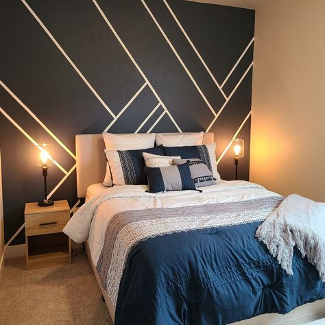 Simple accent wall using painters tape. Wall Paint With Tape Design, Black Electrical Tape Accent Wall, Grey Bedroom Decor Accent Wall, Masking Tape Accent Wall, Accent Wall Paint Tape Ideas, Grey With Accent Wall, Tape Painting Ideas Wall Decor, Unique Accent Wall Ideas Bedroom Paint, Tape On Wall Design