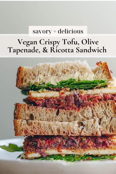 Ultra crispy marinated tofu, savory roasted red pepper olive tapenade, and a creamy tofu ricotta sandwiched between thick slices of sourdough bread. Ricotta Sandwich, Vegan Sandwich Recipes, Tofu Ricotta, Marinated Tofu, Olive Tapenade, Vegan Lunches, Crispy Tofu, Vegan Burgers, Vegan Sandwich