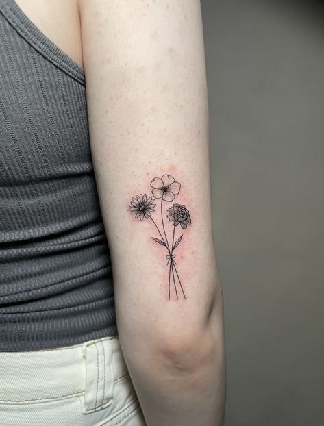 #tattoo #tattooideas #aesthetic #minimalist left flower: aster middle flower: marigold right flower: carnation Aster And Carnation Tattoo, Honeysuckle Tattoo, Flower Marigold, Flower Carnation, Carnation Tattoo, Black And White Tiles Bathroom, Small Flower Tattoos, Birth Flower Tattoos, Tiles Bathroom