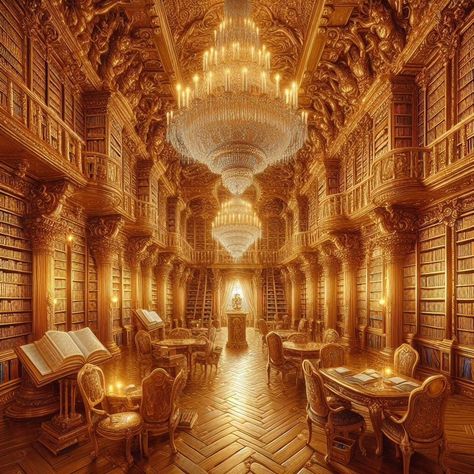 Golden library, golden books, golden chairs, gold #goldenbook #goldenlibrary #golden #goldenchair #goldenbooks Fantasy Wallpaper Aesthetic, Golden Library, Gold Library, Future Mansion, Golden Chair, Mansion Decor, Gold Castle, Fantasy Aesthetics, Fantasy Wallpaper