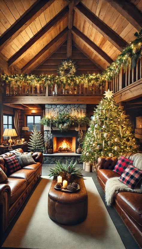 Luxury Cabin Decor, Christmas Cabin Decorations, Rustic Fireplace Christmas Decor, Cabin Holiday Decor, Lodge Style Christmas Decor, Wood Stove Christmas Decor, Christmas Decor Ideas Cabin, Christmas Cabin Interior, Log Cabin Christmas Decor Ideas