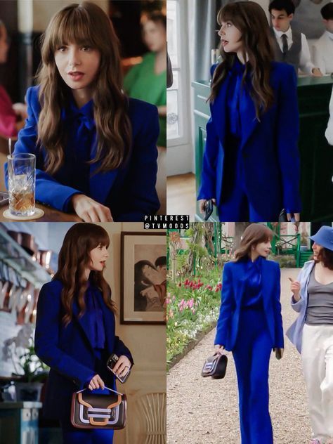 Emily In Paris Blue Suit, Emily In Paris Season 4 Outfits, Emily In Paris Outfits Season 4, Emily Cooper Outfits, Lily Collins Outfit, Emily In Paris Outfits Inspiration, Paris Winter Outfits, Emilyinparis Outfits, Emily Outfits